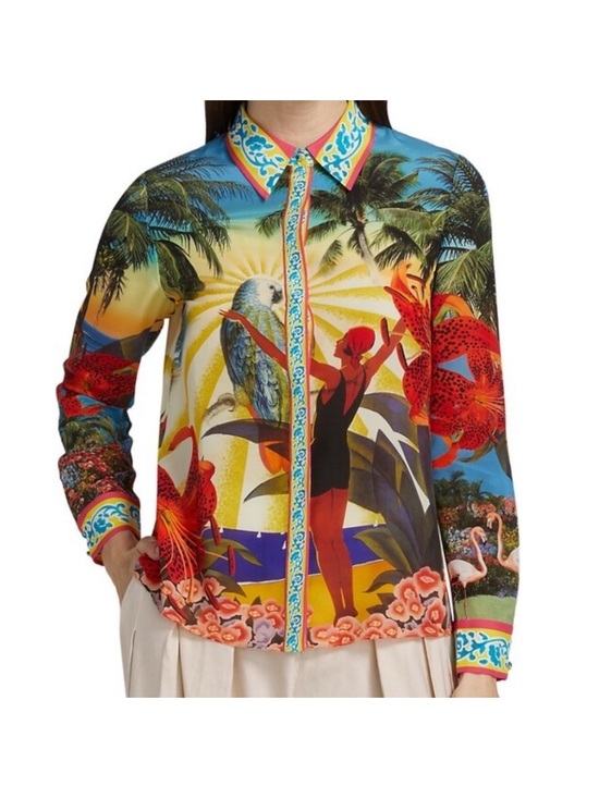 Alice + Olivia Tops - Tropical Paradise Island Dreams Willa Placket Button-Up Blouse in Multicolor